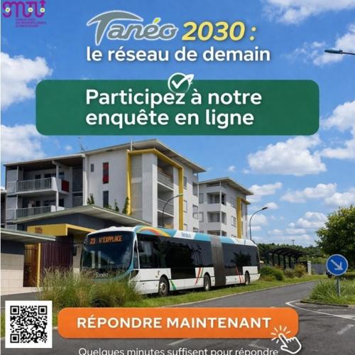 Bus Néobus passe devant des immeubles et noter sur le visuel Tanéo 2030 le reseau de demain Participez à notre enquête en ligne 
