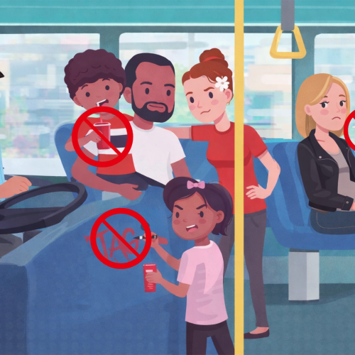 Dans le bus beaucoup d'incivilité, fillette qui tag, petit garçon qui boit, une femme enceinte fume.